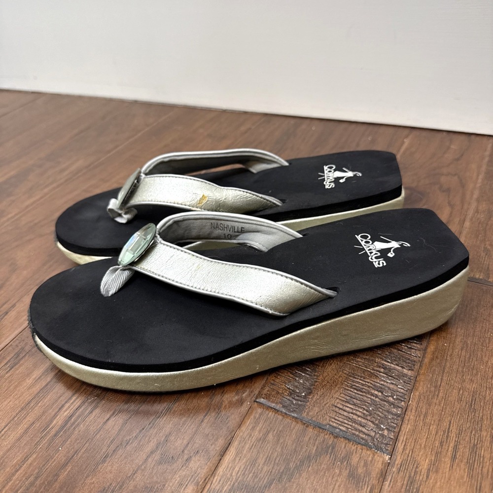 Corkys Wedge Flip Flop Slip On Slides Sandals Womens 10 Nashville Bling Metallic